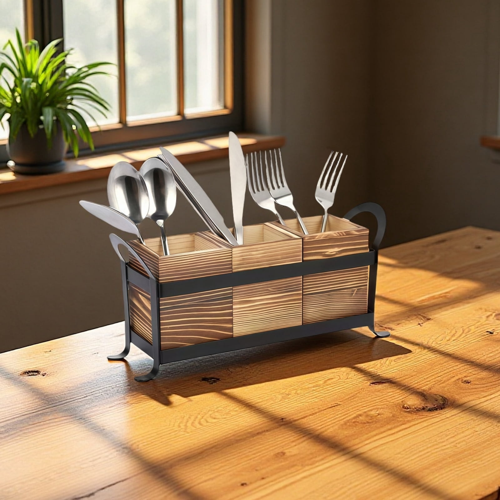 Wooden Utensil Caddy, 3-compartment Cutlery Holder, Metal Frame, Kitchen Countertop Organizer, Modern Design with Side Handles, Ideal for Kitchen and Dining Storage, 13 x 3.5 x 5.9"