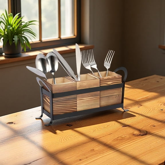 Wooden Utensil Caddy, 3-compartment Cutlery Holder, Metal Frame, Kitchen Countertop Organizer, Modern Design with Side Handles, Ideal for Kitchen and Dining Storage, 13 x 3.5 x 5.9"