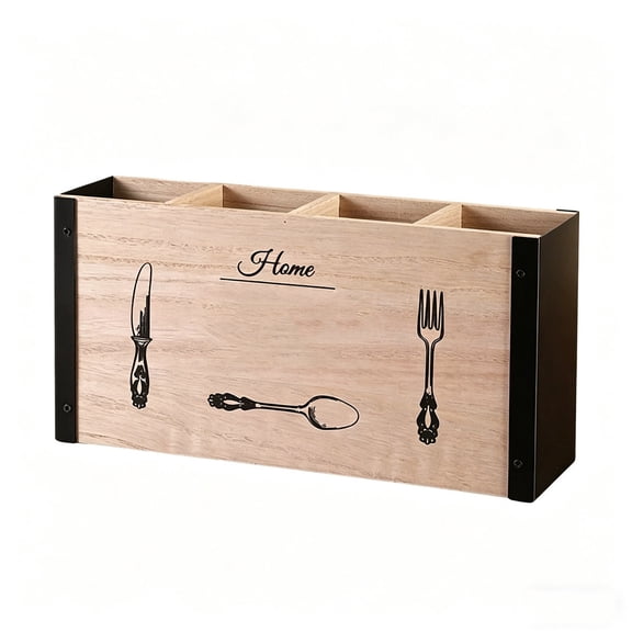 Wooden Utensil Caddy, 4 Compartment Cutlery Holder, Rustic Kitchen Silverware Organizer for Fork, Spoon, Knife, Countertop Storage Box