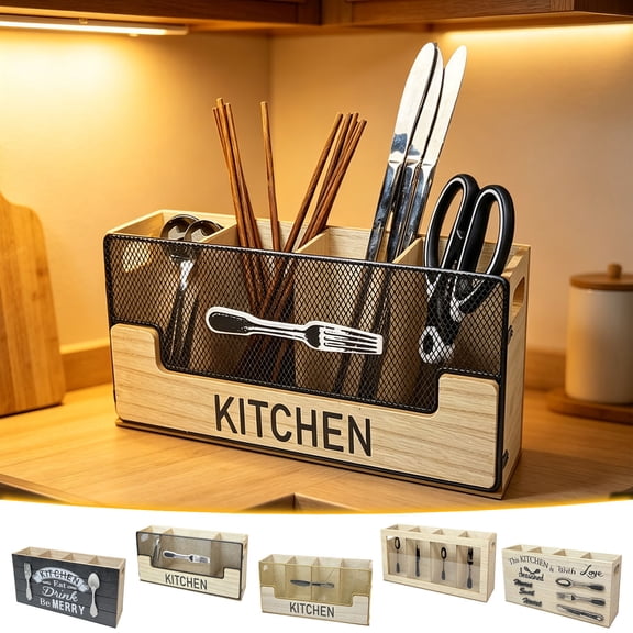Wooden Utensil Caddy 4 Compartment Cutlery Kitchen Organizer – Countertop Silverware Holder, Rustic Tabletop Organizer, Multi-Purpose Storage Rack
