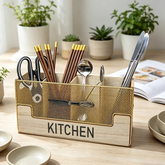 Wooden Utensil Caddy 4 Compartment Kitchen Organizer Cutlery Holder Spoon Fork Knife Storage Rack, Tabletop Kitchen Organizer, for Home Kitchen Dining Table Restaurant Use