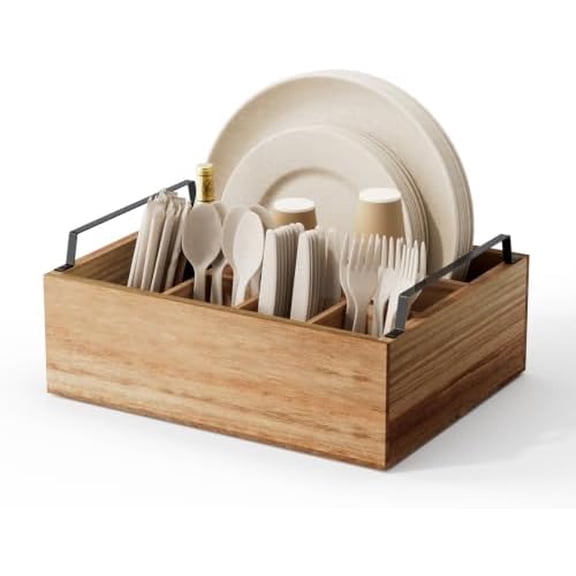 Wooden Utensil Caddy Organizer Paper Plate Holder, Utensil Holder Organizer for Party, Paper Plate Organizer or Cups, Forks, Spoons, Napkins and Silverware Holders