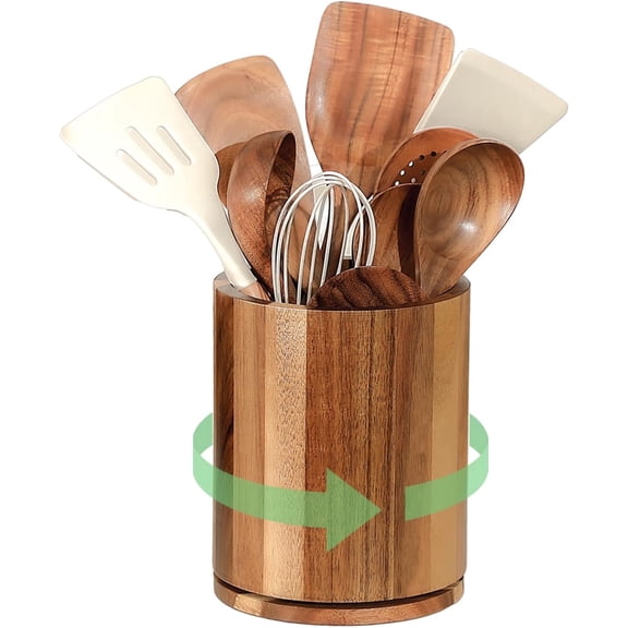 Wooden Utensil Holder, 360 Rotating 6.5'' Utensil Holder for Kitchen Counter, Kitchen Utensil Organizer