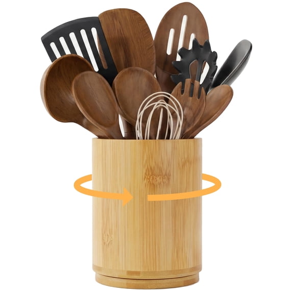 Wooden Utensil Holder, 360° Rotating Kitchen Utensil Holder for Counter, 7.2" Large Cooking Utensil Crock for Countertop, Utensils Organizer for Cooking Spatula Storage