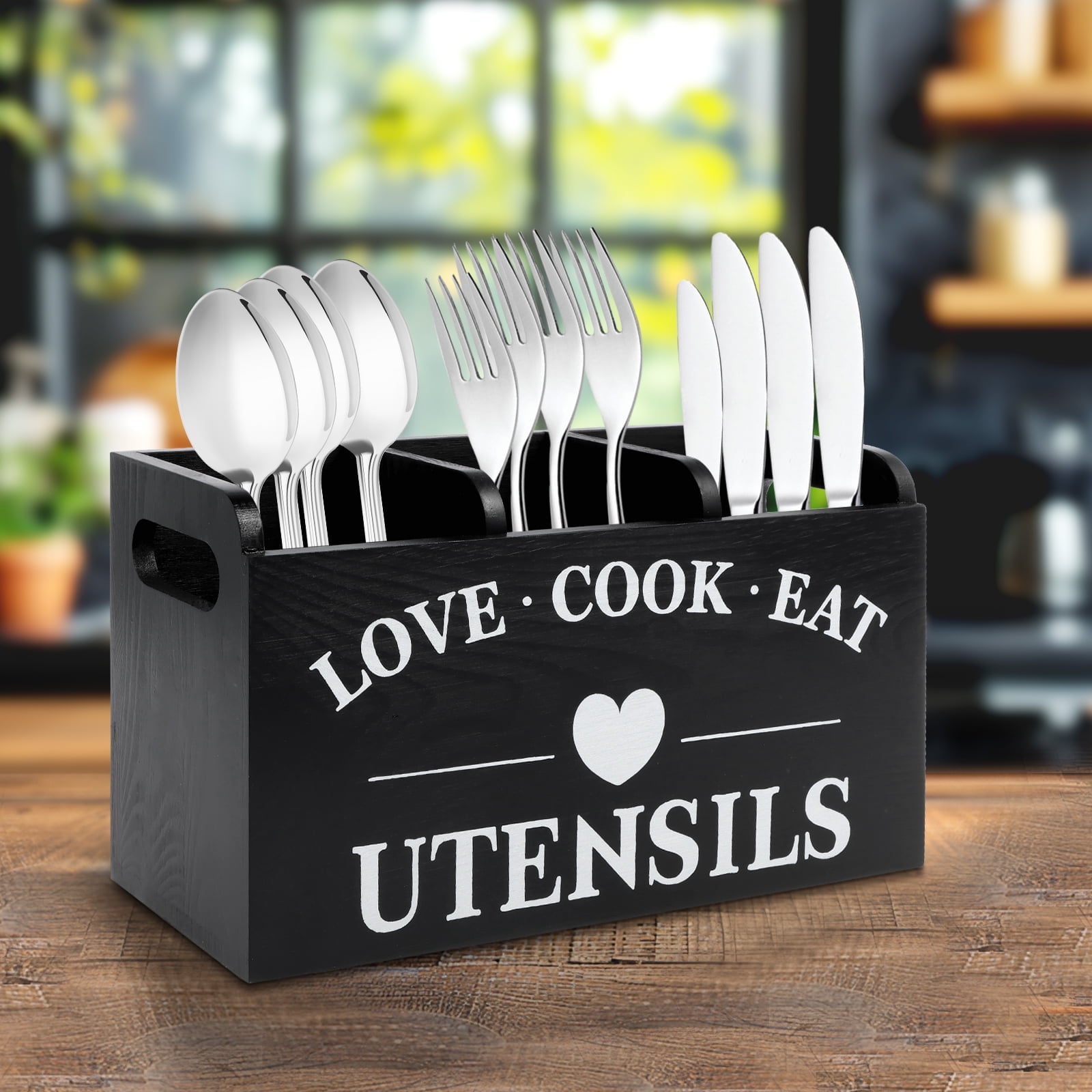 Wooden Utensil Holder for Kitchen Counter, Cooking Utensil Organizer with 3 Compartments, Adjustable Dividers Utensil Crock for Silverware Spoon Spatula