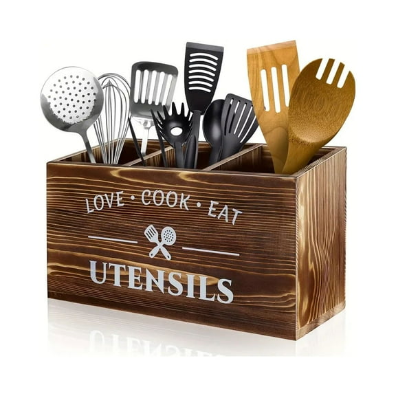 Wooden Utensil Holder Sturdy Kitchen Cooking Utensil Organizer with 3 Compartment and Drainage Bottom Flatware Organizer Utensil Crock Holder Brown Organizer for Utensil