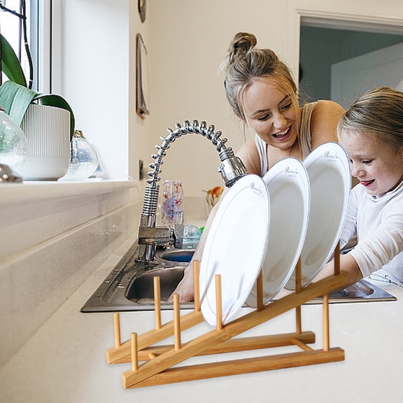 Wooden Utensil Rack - Plate and Cutting Board Drying Rack - Kitchen Countertop Display Organizer - Cup and Book Storage Stand - Multi-Slot Cabinet Holder for Plates Bowls Lids