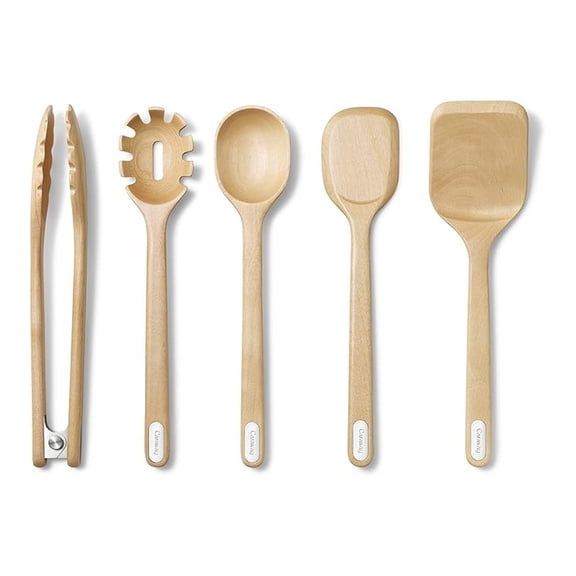 Wooden Utensil Set - 5 Piece Cooking Utensil Set - Spoon, Server, Scraper, Spatula, & Tongs - Made From FSC-Certified Birch Wood - No Microplastics