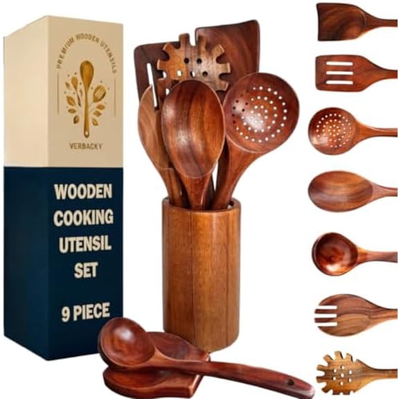 Wooden Utensil Set 9 PCS Hand-Crafted, Heat-Resistant, Non-Scratch & Easy-to-Clean Natural Teak Wooden Kitchen Tools with Spatula, Slotted Spatula, Spoons, Ladle, Pasta Server, Salad Fork, Holder Set