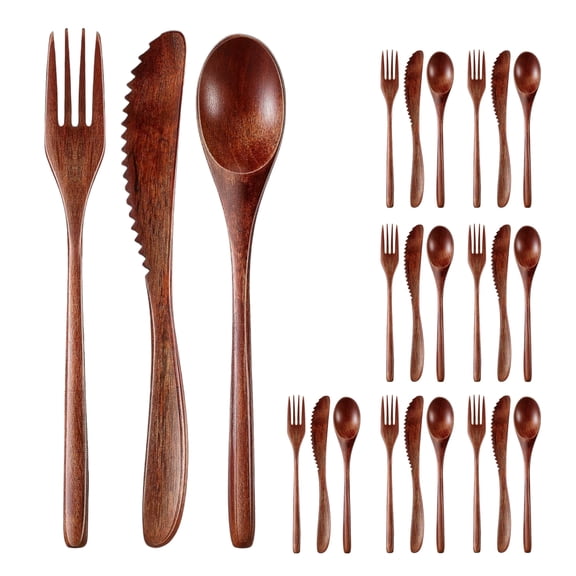 Wooden Utensil Set for Eating, 24 Pcs Compact Wooden Tableware Flatware Set (8Spoons/8Forks/8Knives)