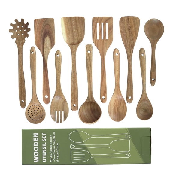 Wooden Utensils, 11 PCS Natural Acacia Wooden Spoons & Kitchen Utensils Set, Non-Stick Spatula Ladle Serving Spoon for Baking Stirring Cooking Y101