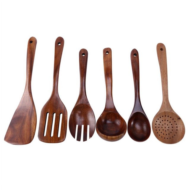 Wooden Utensils 6, Kitchen Cooking Utensil for Non Stick , Natural Teak