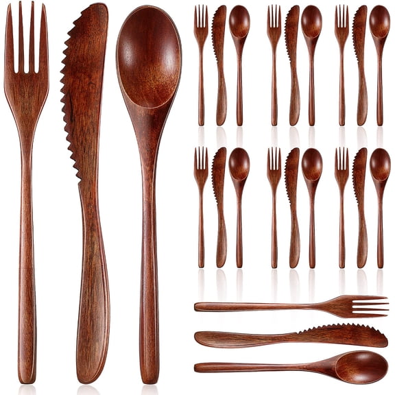 Wooden Utensils for Eating 24 Pcs Wooden Cutlery Set Reusable Cooking Travel Wooden Spoons Forks Lunch Utensils for Lunch Portable Wood Flatware Set for Eating
