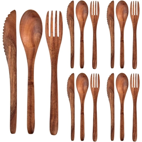 Wooden Utensils Set 12 Pcs Teak Wood Spoon Fork Knife Flatware Cutlery Tableware Eating