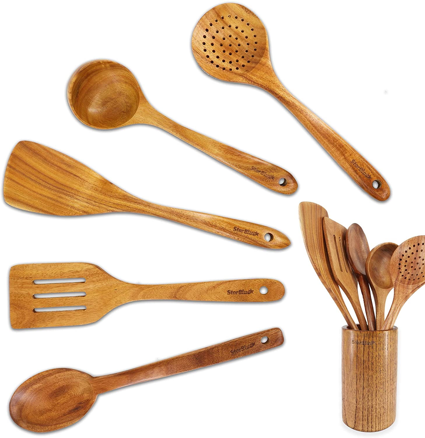 Natural Acacia Wood Cooking Utensils Set with Holder, 6 Pieces