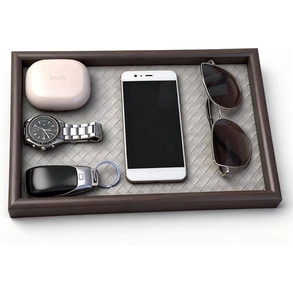 Brooch Base Wooden Valet Tray with Leather Base - Nightstand Catchall Organizer for ...