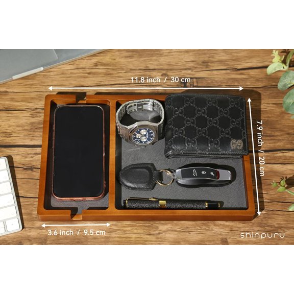 Wooden Valet Tray with Leather Inlay - Nightstand & Desk Organizer - EDC Essentials Catchall Tray for Keys, Phone, Wallet, Watch, Earbuds - Stylish Storage (Wood-Phone)