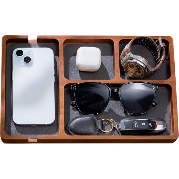 Wooden Valet Tray with Leather Inlay - Nightstand & Desk Organizer - EDC Essentials Catchall Tray for Keys, Phone, Wallet, Watch, Earbuds - Stylish Storage (Wood)