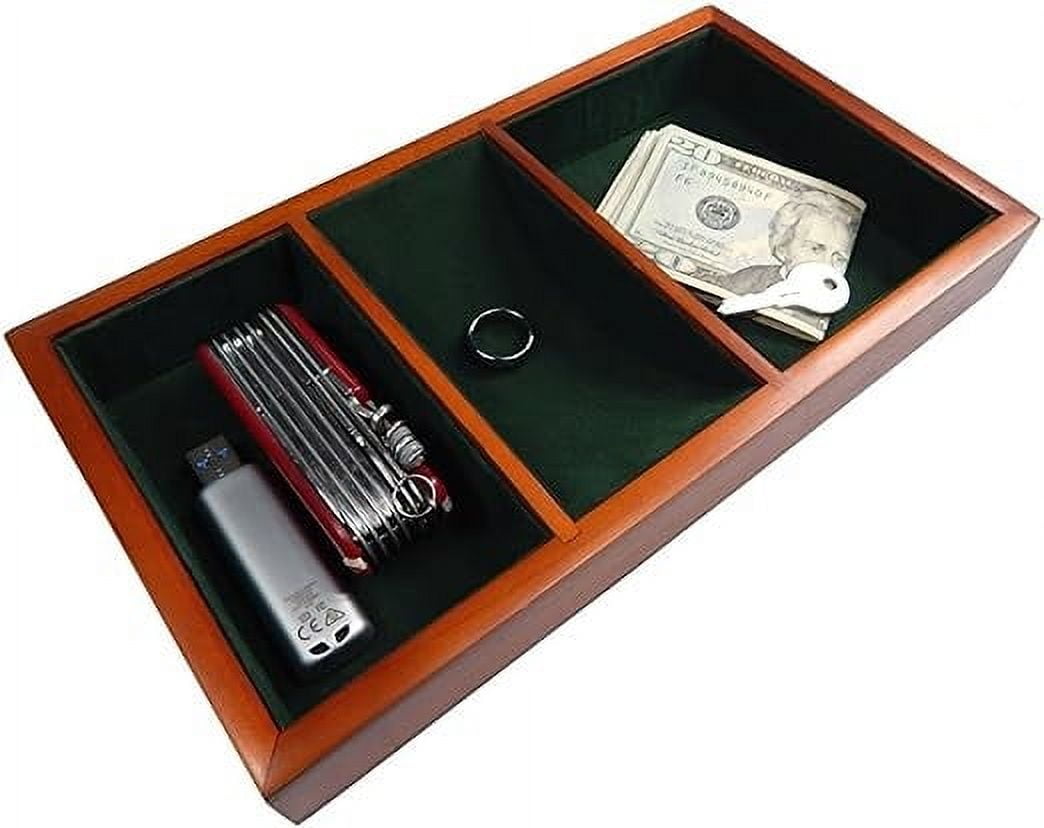 Wooden Valet Tray with 3 Compartment Leatherette Organizer Box for Wallets, Coins, Keys, and Jewelry, holiday, gifts, gifts for men