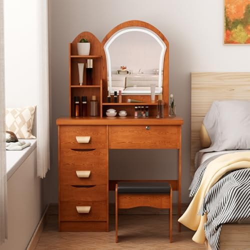 Wooden Vanity Desk with Mirror and Lights | 3 Model Adjustable Lights | Small Makeup Vanity Set with Stool 4 Drawers Opening Shelves | Bedroom Dressing Table for Women | Fast Arrival