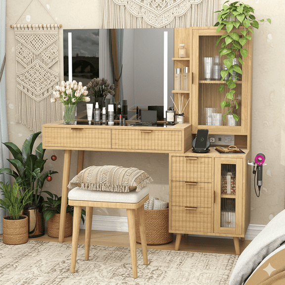 Wood Vanity Desk with Lights and Charging Station, 49" Natural Oak Makeup Dressing Table, Modern Glass Top, 5 Drawers, 2 Cabinet Storage, Boho Fluted Salon Station