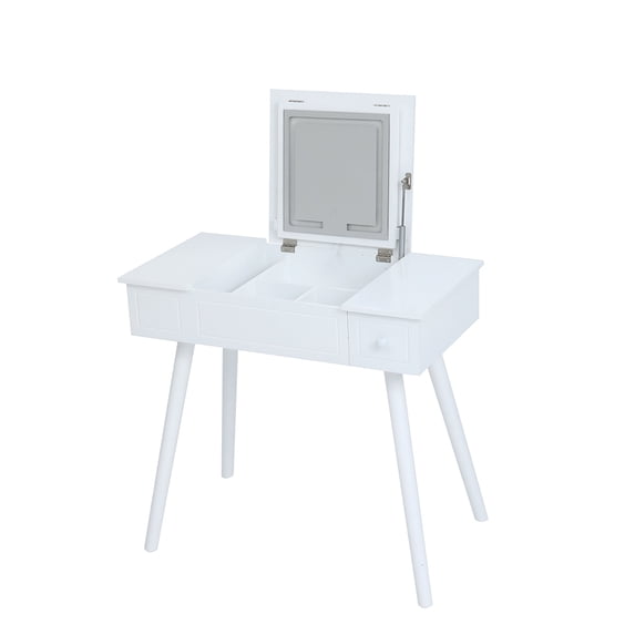 Wooden Vanity Desk Set With Stool, Modern Makeup Table With LED Lighted Mirror, Flip Top Makeup Vanity Table With Storage Cabinet Drawer For Bedroom