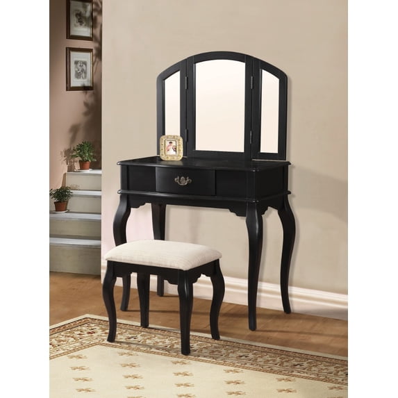 Wooden Vanity Desk with 1 Drawer & Stool, Black
