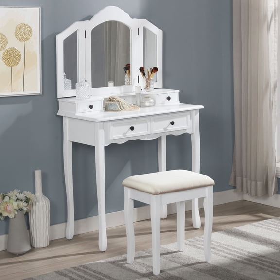 Wooden Vanity Makeup Table Set with 3-Panel Mirror, 4 Storage Drawers & Upholstered Stool, Antique White Finish, Bedroom Dressing Table Set