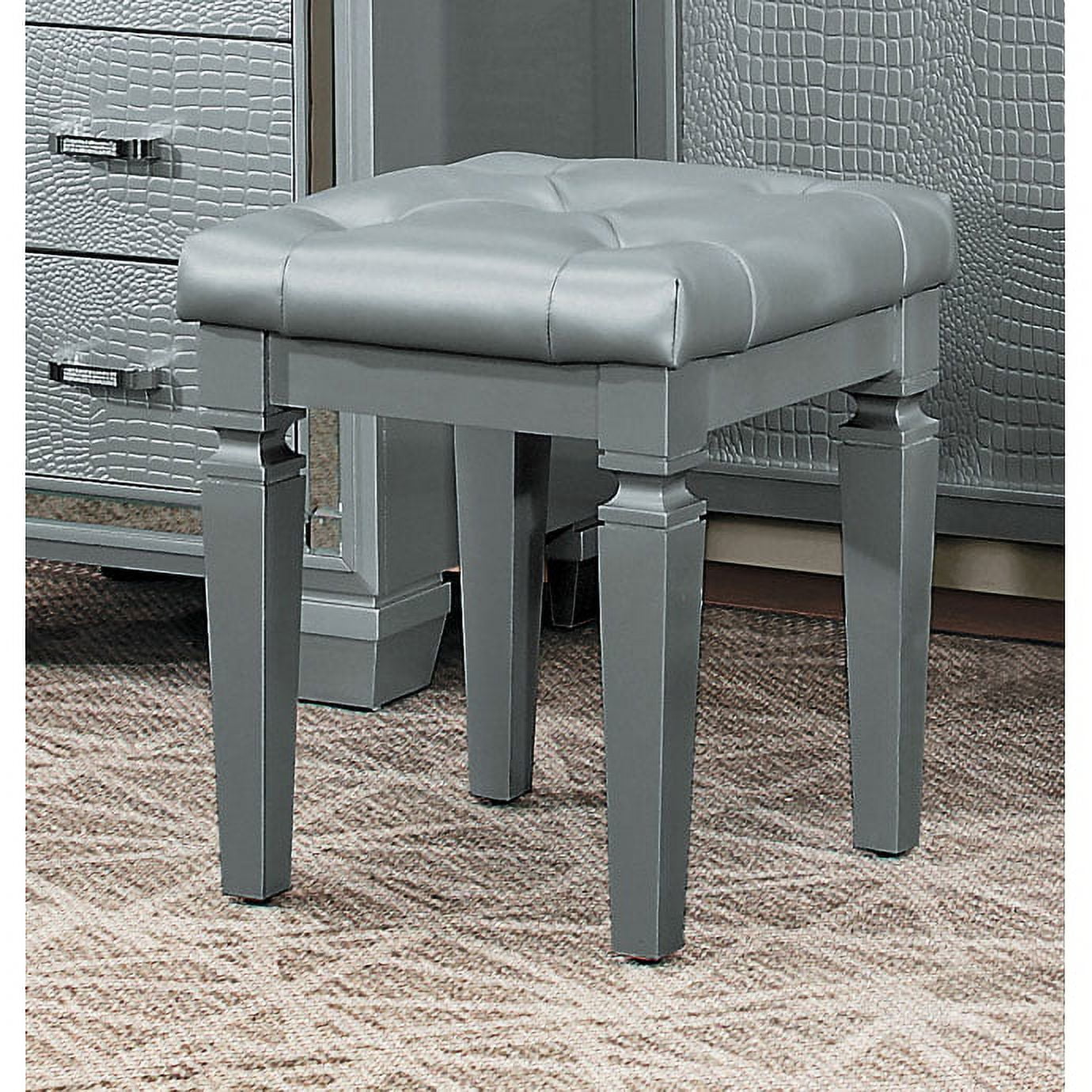 Silver Tufted Vinyl Vanity Stool with Turned Legs
