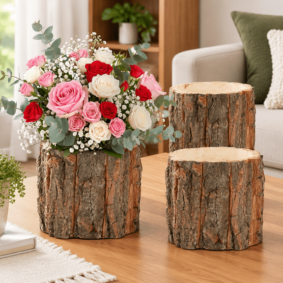 Wooden Vase for Centerpieces, 3 Pack Wood Flower Vase Rustic Tree Stump Planter Pots, Wooden Bark Flower Bucket for Wedding, Farmhouse Christmas Table Decor, Round Bark Stump Pots