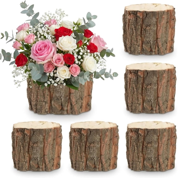Wooden Vase for Centerpieces, 6 Pack Wood Flower Vase Rustic Tree Stump Planter Pots, Wooden Bark Flower Bucket for Wedding, Farmhouse Christmas Table Decor, Round Bark Stump Pots