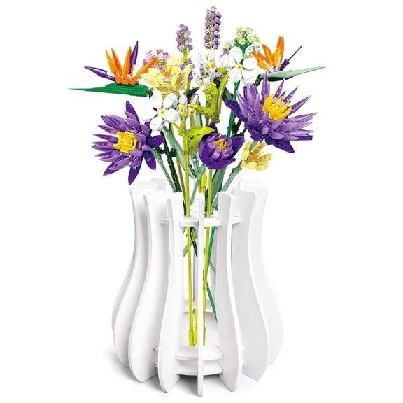Wooden Vase Kit for Lego Roses Cherry Blossom Sunflower Tulips Daffodils Lotus Cute Flower Vase for Lego Bouquet Arrangement Home Decoration for Women Adults(White)
