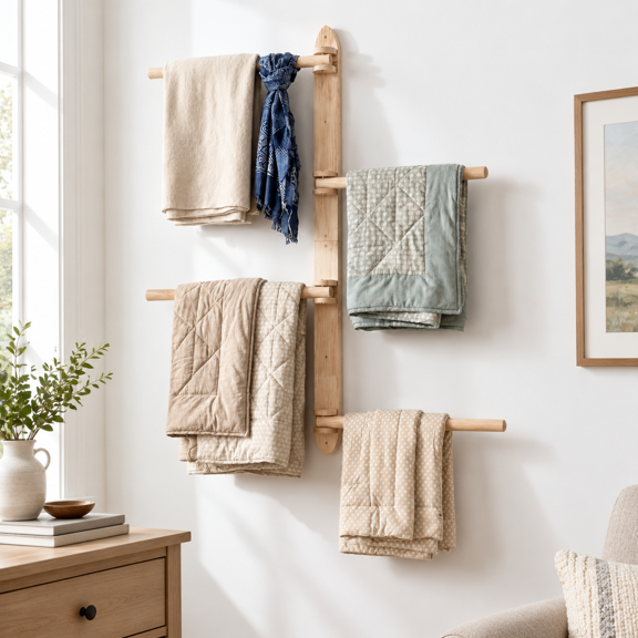 Wooden Vertical Blanket Holder with 4 Rotating Arms Wall Quilt Rack