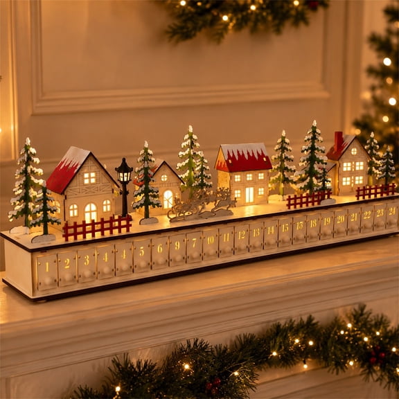 Wooden Village Advent Calendar with LED Glow, Light-Up Christmas Advent Calendar with 24 Countdown Drawers, Reusable Tabletop Village Display, Countdown Calendars for Home Decor (1PCS, 32.7")