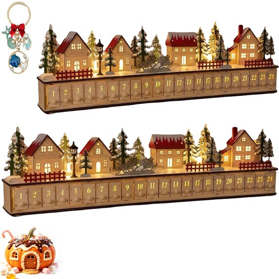Wooden Village Advent Calendar with LED Glow, Light-Up Christmas Advent Calendar with 24 Countdown Drawers, Reusable Tabletop Village Display, Holiday Countdown Calendars for Home Decor