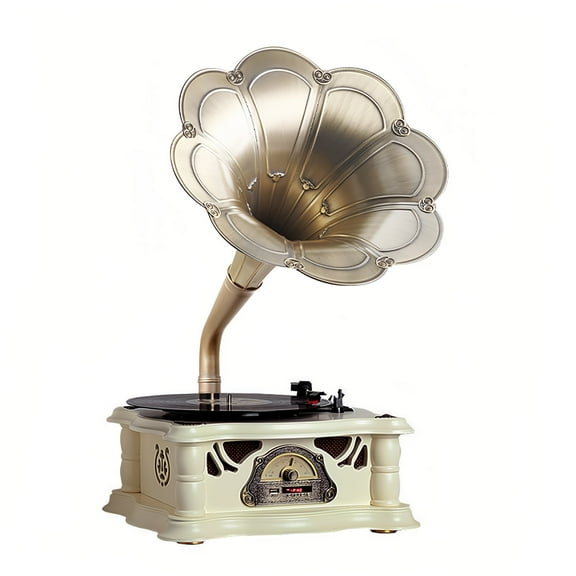 Wooden Vintage Gramophone Record Player, Retro Phonograph Record Player, Horn Vinyl Audio Turntables with FM/USB Audio in/Bluetooth Audio in for Home/Office/Hotel/Restaurant/Party/Birthday/Christams