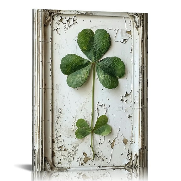 Wooden Vintage Green Leaf Canvas Wall Art Print Framed  - Rustic Wall Decor with Realistic Clover Design, White Border, Perfect for Home or Office Décor