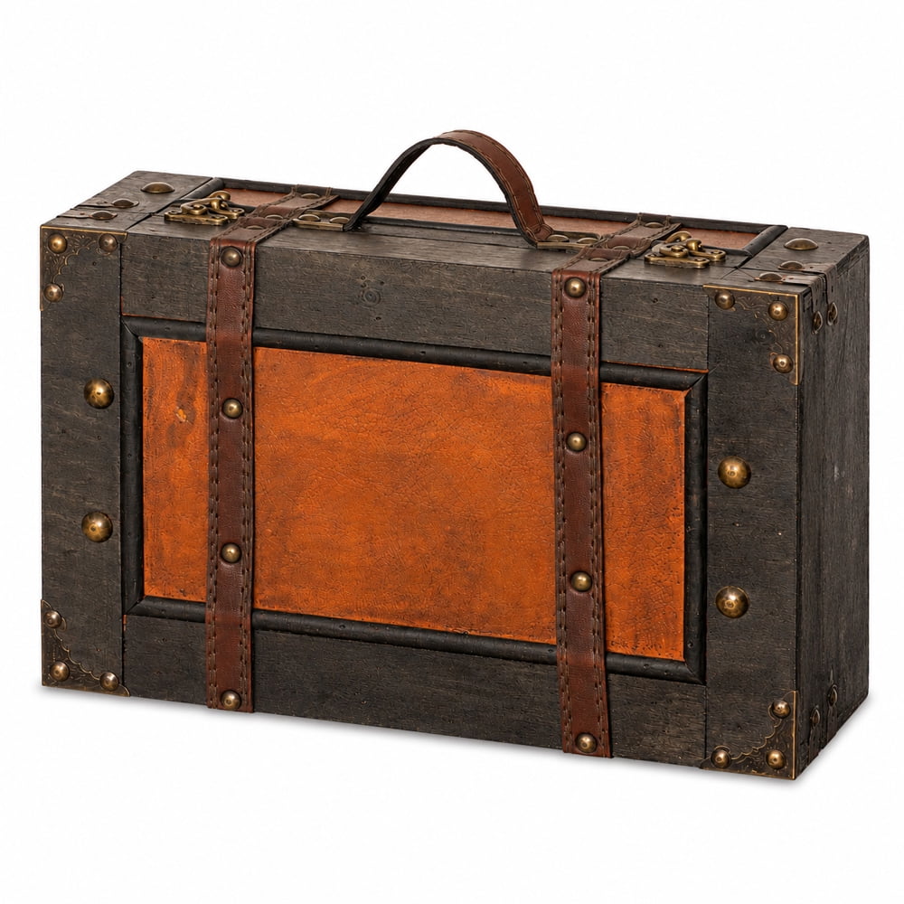 Wooden Vintage Luggage Trunks - Antique Carry on Suitcase Storage Box with Hinged Lids, Old-Fashioned Decorative Box for Dresser, Coffee Table Decor, Shelf Decor or Kitchen Table Decor, Small