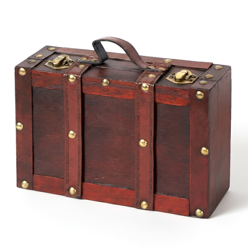 Wooden Vintage Luggage Trunks - Antique Carry on Suitcase Storage Box with Hinged Lids, Old-Fashioned Decorative Box for Dresser, Coffee Table Decor, Shelf Decor or Kitchen Table Decor, Small