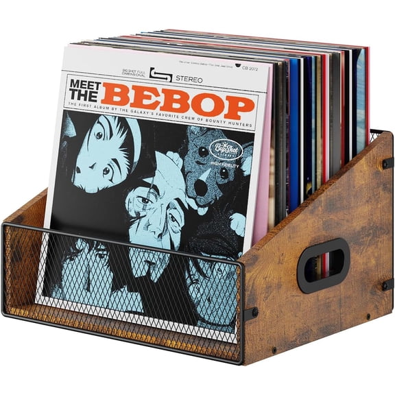 Wooden Vinyl Record Storage for 60+ Records, with Handles, Retro & Durable