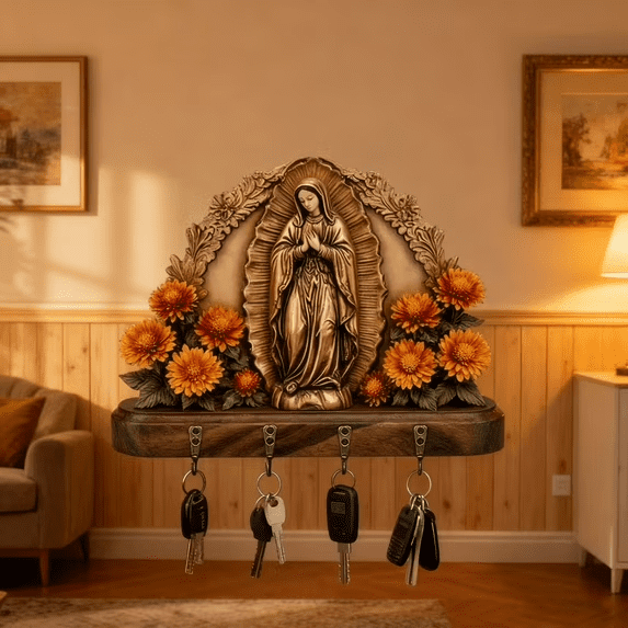 Wooden Virgin Mary Key Holder for Wall, Decorative Mary Artwork Key Rack with 4 Durable Hooks, Farmhouse Religious Home Decor for Entryway Storage and Everyday Key Organization