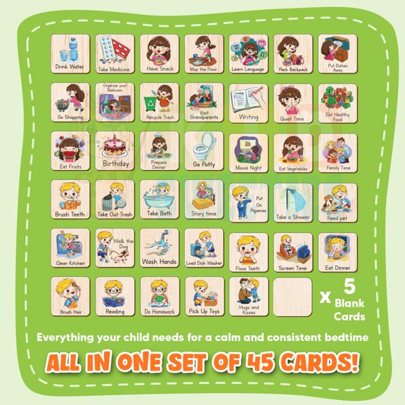 Wooden Visual Schedule Board for Kids Bedtime Routine Chart 45 Task Cards