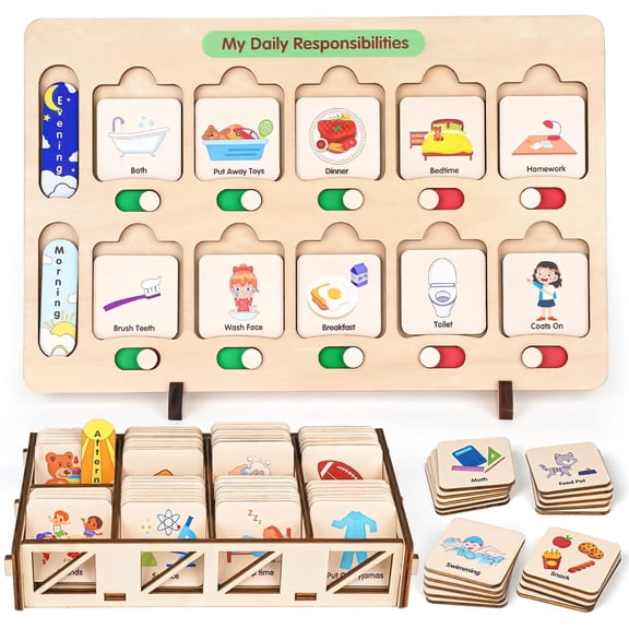 Wooden Visual Schedule for Kids Chore Chart, Morning Bedtime Routine Charts for Kids Toddlers, autism learning materials&Daily Schedule Board for home