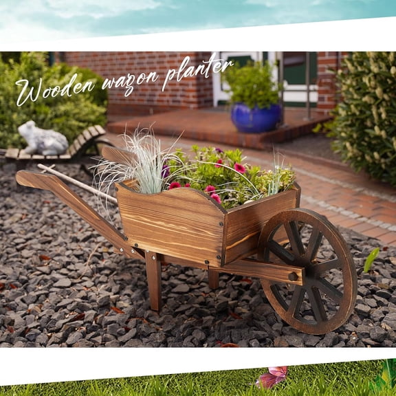 Wooden Wagon Flower Planter Cart Garden Planter Box with Wagon Wheels Cart for Home Garden Outdoor Balcony Decorative, Flowers Herbs Vegetables, Brown(Rustic)