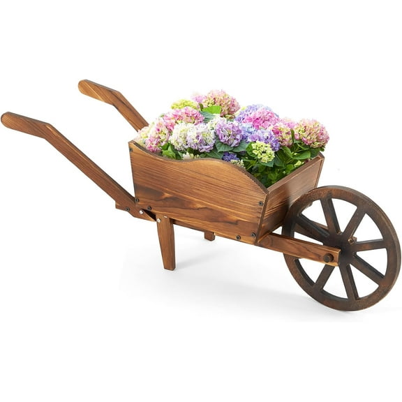 Wooden Wagon Flower Planter Cart Garden Planter Box with Wagon Wheels Cart for Home Garden Outdoor Balcony Decorative, Patio Flowers Herbs Vegetables, Brown(Rustic)