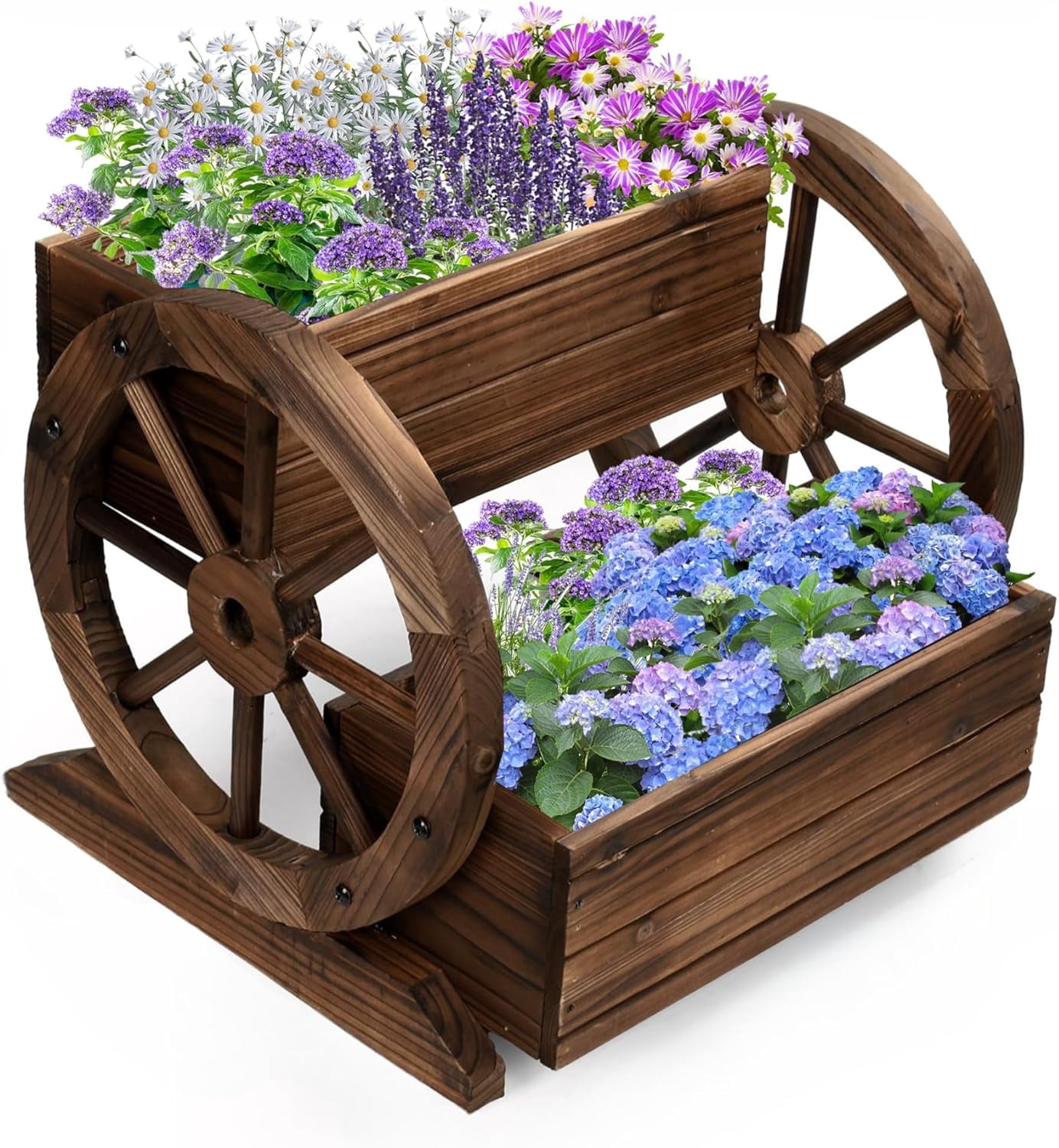 Wooden Wagon Planter Box,2 Tier Flower Cart with Wheels for Indoor ...