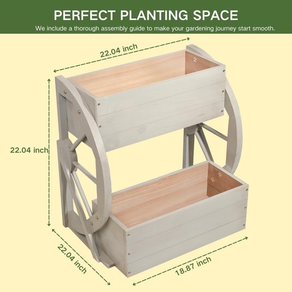 Wooden Wagon Planter Box,2-Tier Flower Pot with Wheels for Indoor & Outdoor,Rustic Garden Decor for /Garden/Balcony,Gray,22.04x22.04x21.65in