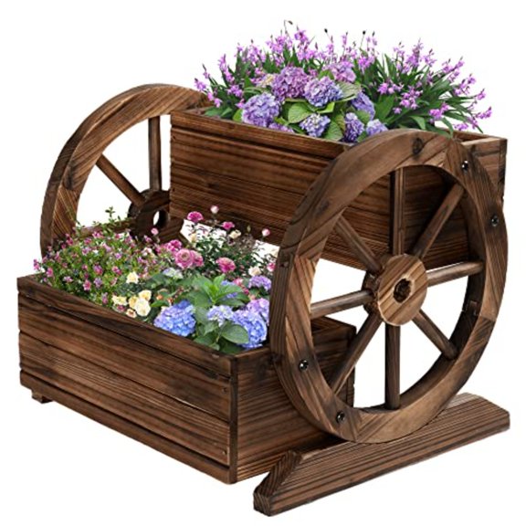 Wooden Wagon Planter Box Garden Planter with Wheels Decorative Planter for Flowers Herbs Vegetables for Indoor Outdoor Decor Flower Cart for Patio Garden Balcony