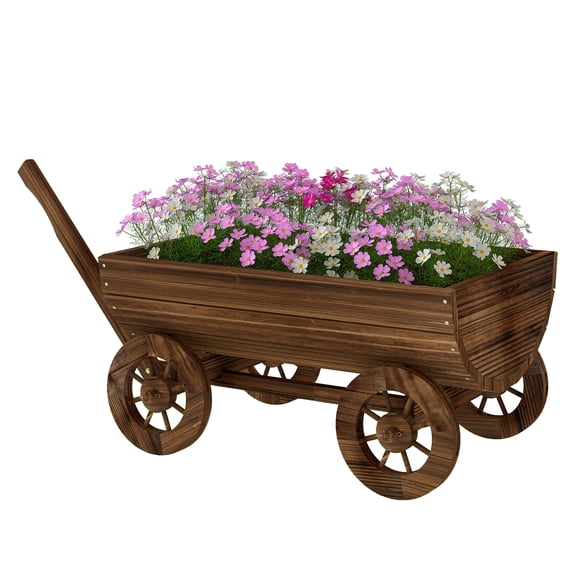Wooden Wagon Planter Box, Mobile Garden Cart with Wheels - 45.3" Rustic Wheelbarrow Flower Planter, Outdoor Raised Garden Bed with Drainage