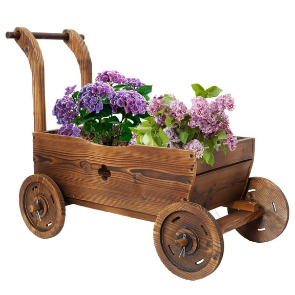Wooden Wagon Planter Box, Mobile Garden Planter with 4 Wheels, Handle, Drain Hole, Decorative Flower Planter for Indoor & Outdoor Decor